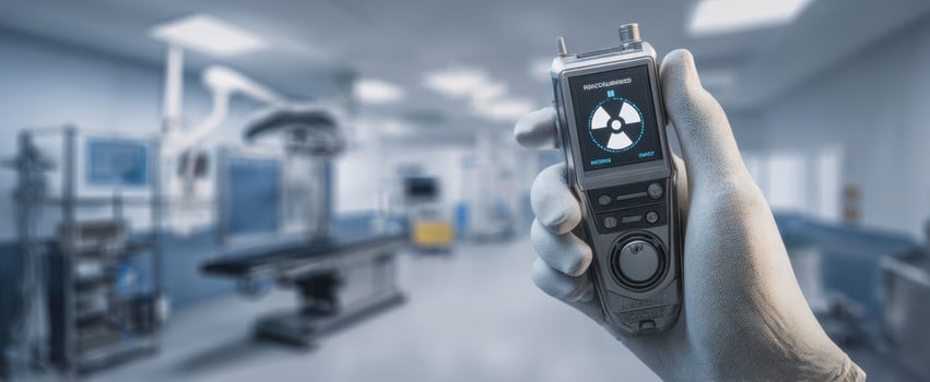 The radiation detector in gloved hand inside sterile operating room for safety inspection photo