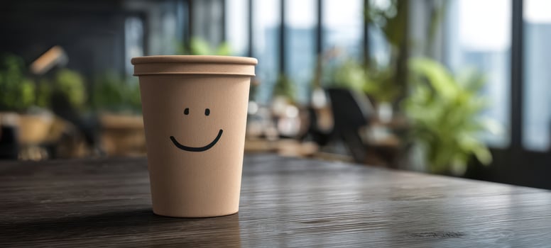 The Smiling Coffee Cup on a Wooden Desk in a Bright Modern Office photo