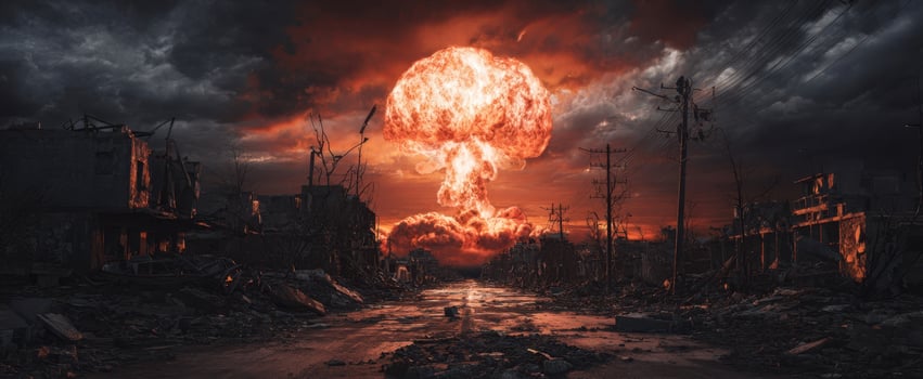 The Mushroom Cloud Over a Devastated Urban Landscape With Fiery Sky photo
