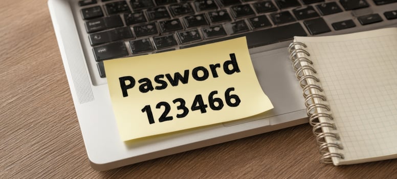 The Password Sticky Note on Laptop Keyboard Beside a Spiral Notebook photo