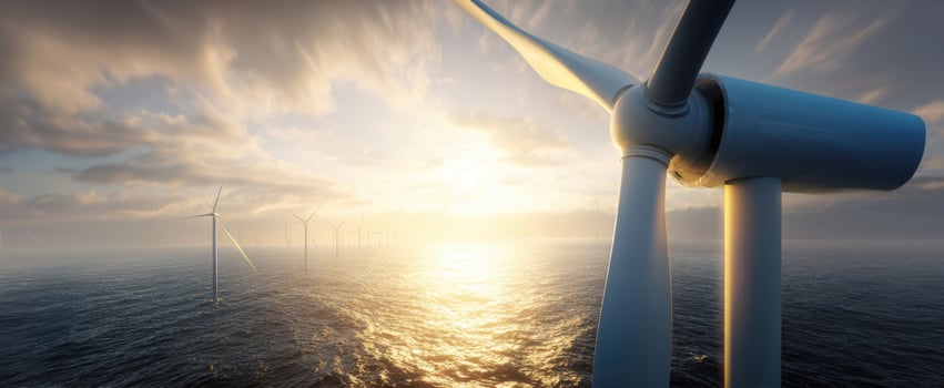 The wind turbine in an offshore wind farm at golden sunset over ocean photo