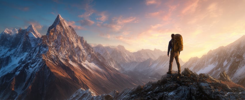 The Mountaineer Standing on a Rocky Summit Overlooking Dramatic Snowy Alpine Peaks at Sunrise photo