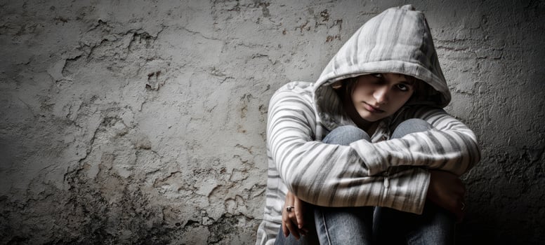 The girl in a striped hoodie sitting curled up against a cracked grunge wall photo