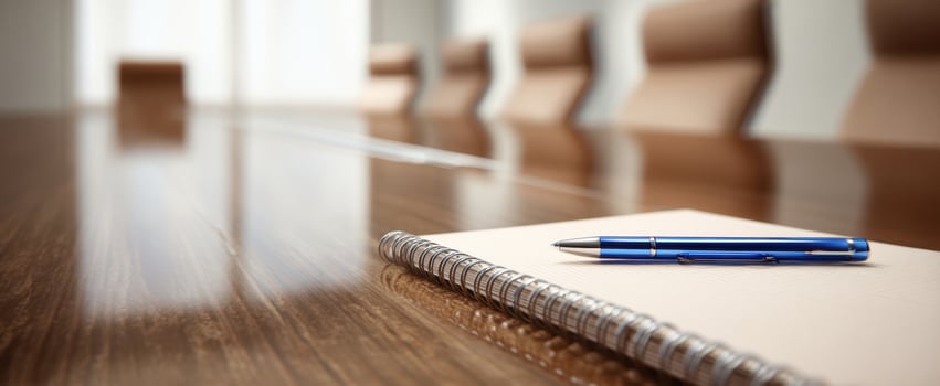 The Notepad and Pen on a Polished Conference Table in Modern Boardroom photo