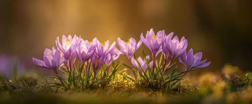 The Crocus Blooms in Golden Morning Light Across a Soft Forest Floor photo