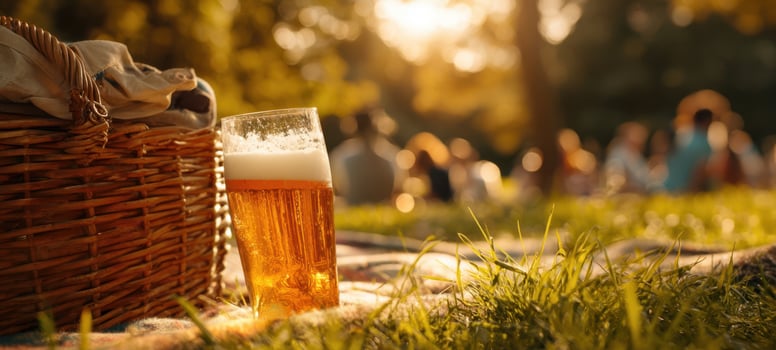 The Glass of Beer on a Picnic Blanket in a Sunlit Park Gathering photo