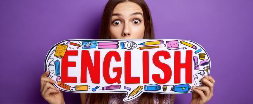 The English sign held by a surprised young woman against a vibrant purple backdrop photo