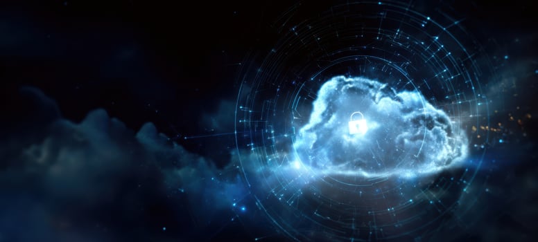 The Cloud with Digital Lock Surrounded by Futuristic Cybersecurity Network Visualization photo