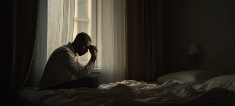 The man seated on a bed in a dimly lit contemplative bedroom interior photo