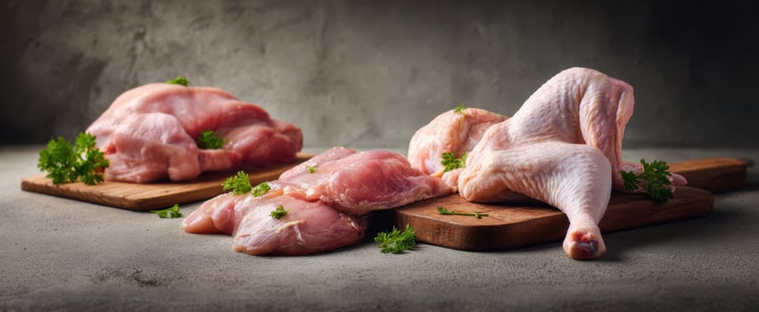 The raw chicken pieces arranged on wooden boards with fresh parsley garnish photo