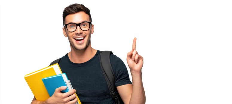 The Student Holding Books and Pointing Up with a Bright Smile on White Background photo