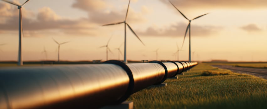 The Pipeline Stretching Through Grassy Field with Wind Turbines at Sunset photo