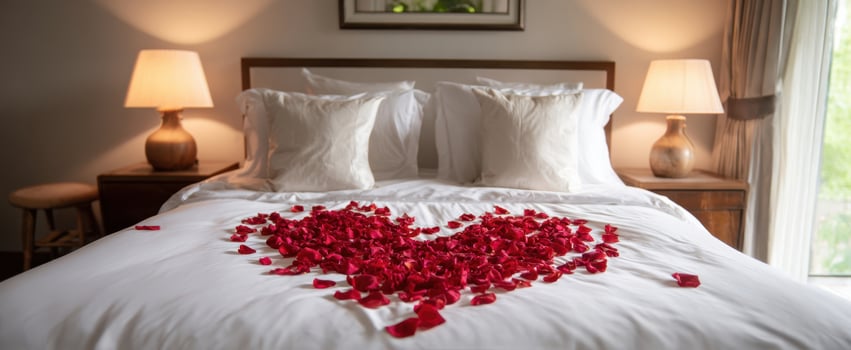 The Bed Adorned With Red Rose Petals Forming a Heart for a Romantic Stay photo