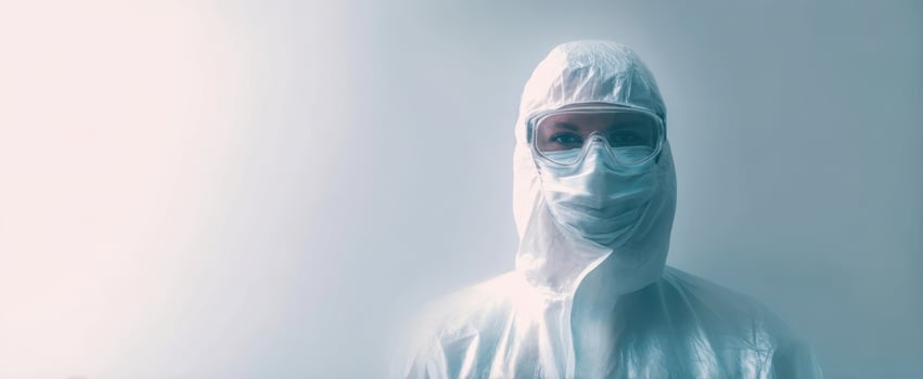The Healthcare Worker in Full Protective Suit Standing Against Minimal Pale Background photo