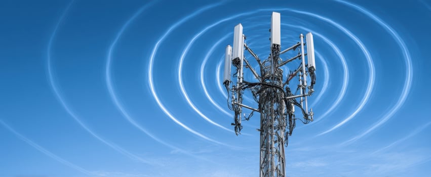 The Cell Tower Emitting Wireless Signals Over Clear Blue Sky with Radiating Waves photo