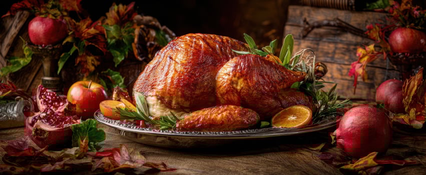 The Roasted Turkey on a Rustic Platter Surrounded by Autumn Fruits and Herbs photo