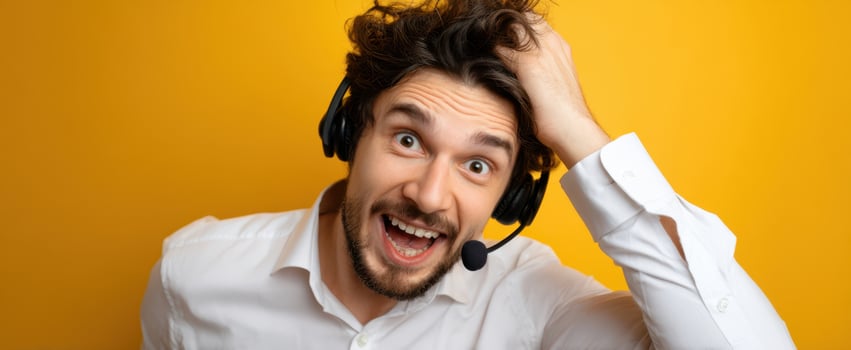 The young man with headset laughing and celebrating during a customer support call photo