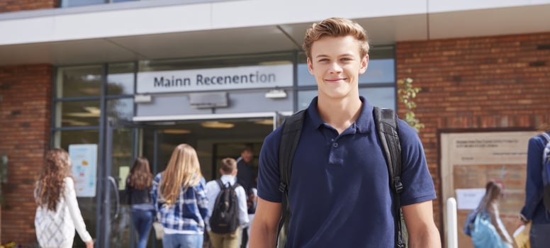 The Student Standing Confident Outside College Reception Area With Backpack Smiling photo