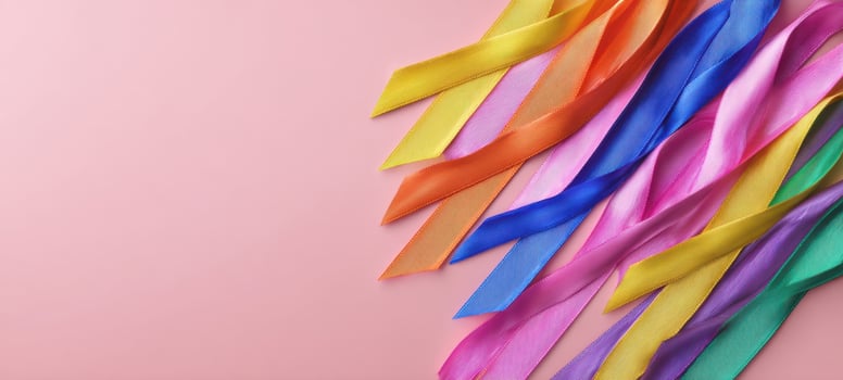 The Colorful Satin Ribbons Laid on Pastel Pink Background for Decorative Use photo