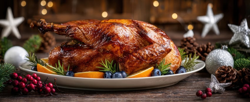The Roasted Turkey Centerpiece on Festive Holiday Table with Citrus and Garnish photo