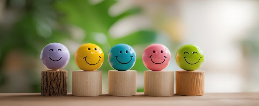 The Smiley Face Balls on Wooden Pedestals in a Colorful Row of Joy photo