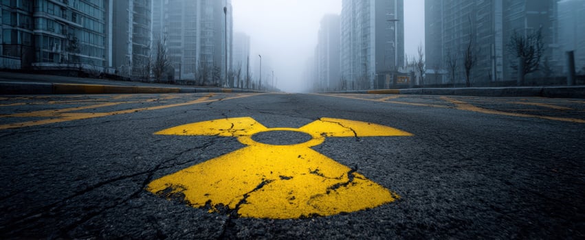 The Radioactive Symbol Painted on an Empty Urban Street with Foggy Skyscrapers photo