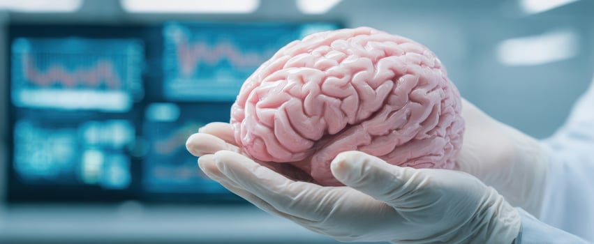 The brain held in gloved hands against blurred clinical monitors in laboratory photo