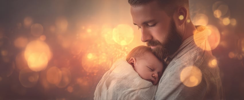 The father cradling a newborn baby in warm dreamy bokeh light photo