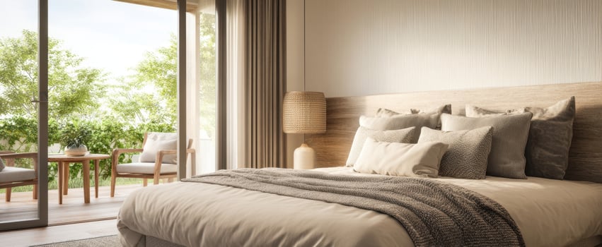 The Bed in a Cozy Minimalist Bedroom with Terrace and Lush Green View photo