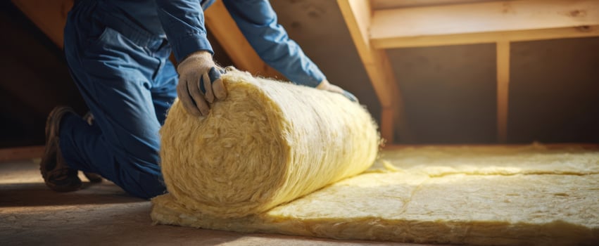 The Insulation Roll Being Installed by a Worker in a Sunlit Attic photo