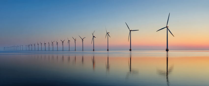 The wind turbines stand in a tranquil pastel sunrise over calm ocean waters photo