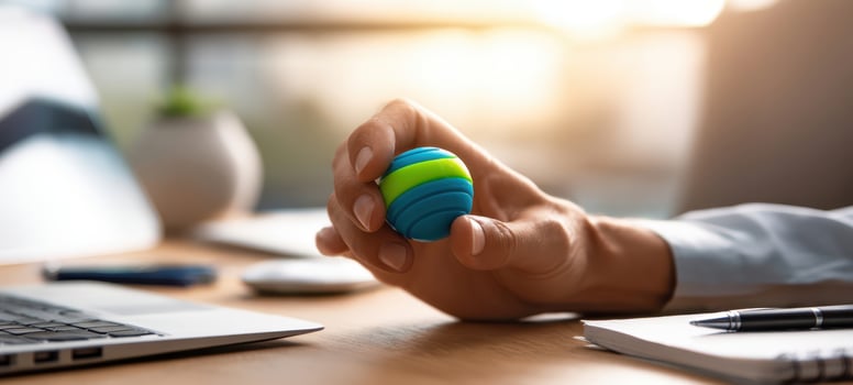 The stress ball being squeezed by professional hand over office desk with laptop photo