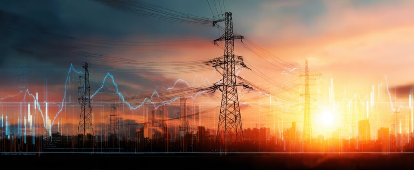 The Transmission Towers and Power Lines Over City Skyline at Sunset with Data Overlay photo