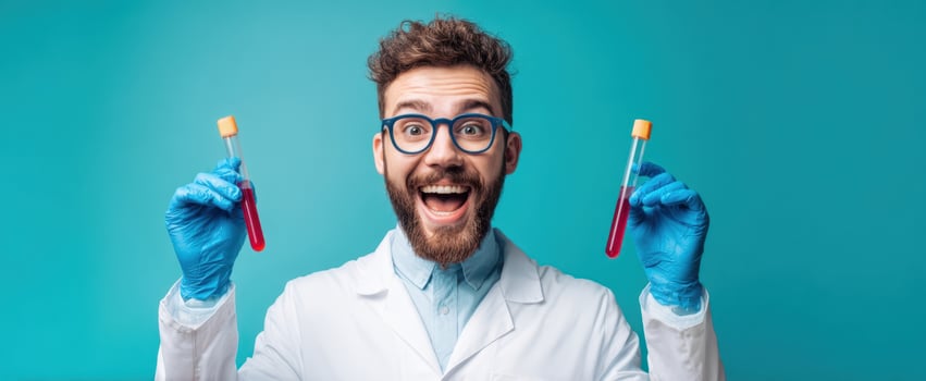 The Excited Scientist Holding Two Blood Samples in Test Tubes Against Teal Background photo