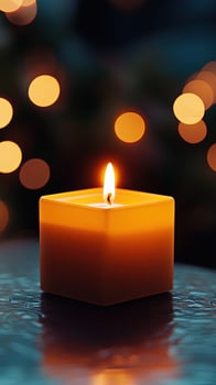 Lit square orange candle radiates warmth against softly blurred bokeh lights at night photo