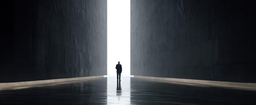 The man standing alone facing a towering bright doorway in a minimalist dark hall photo