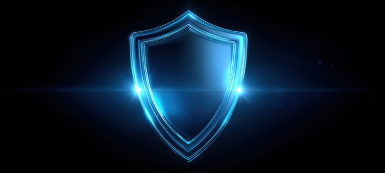 The Shield Glowing Futuristic Digital Protection Emblem with Blue Neon Light Effects photo