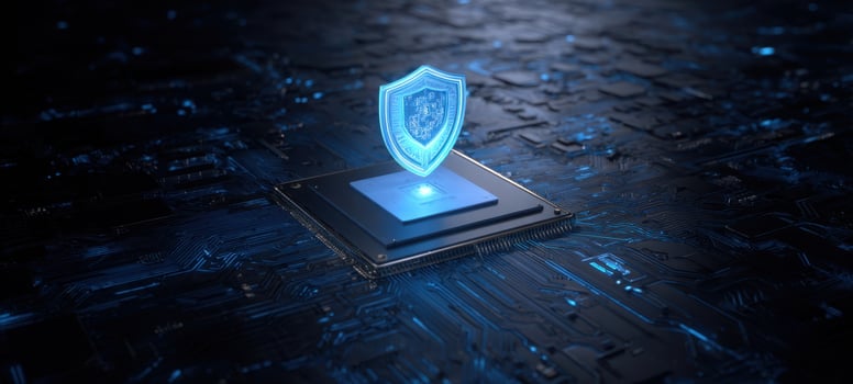 The Microchip with a Holographic Shield Representing Cybersecurity and Data Protection photo