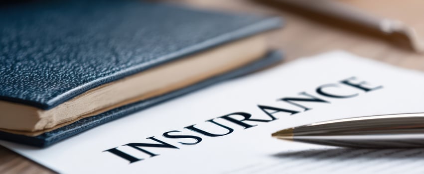 The Insurance Document with Pen and Notebook on Wooden Desk in Close-Up photo