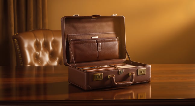Luxurious open brown leather briefcase on a polished wooden desk in a refined office setting, evoking professionalism and success. photo