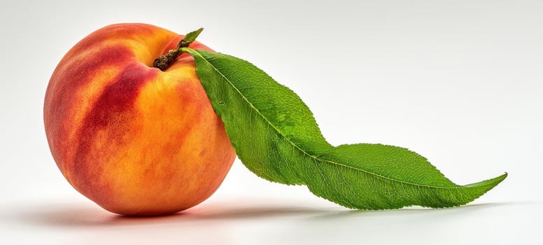 The Peach with Fresh Green Leaves Resting on a Clean White Background photo
