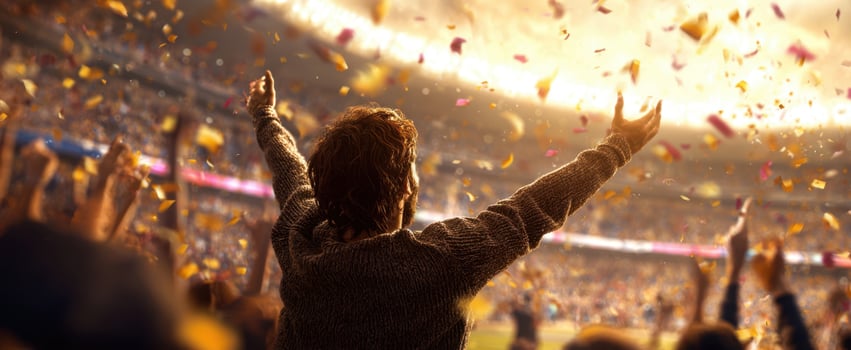 The stadium fan celebrating with arms raised amid confetti and cheering crowd photo