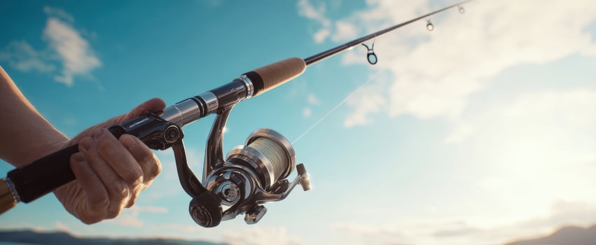 The Fishing Rod and Spinning Reel Held Over Ocean at Golden Hour photo