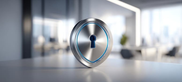 The Metallic Shield Lock Symbolizing Cybersecurity and Data Protection in Modern Office Environment photo