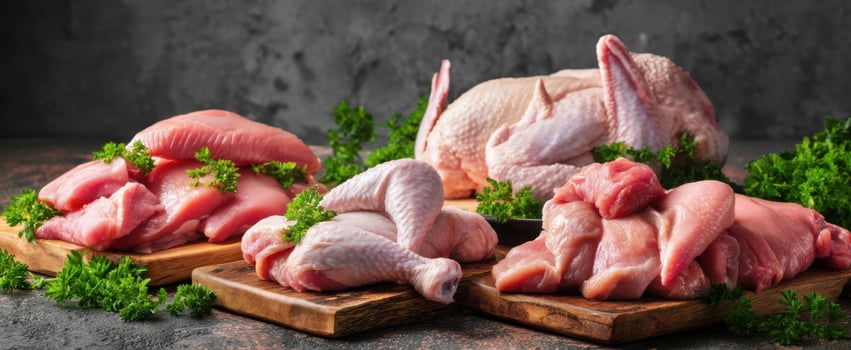 The Raw Chicken and Assorted Poultry Cuts on Wooden Boards with Parsley photo