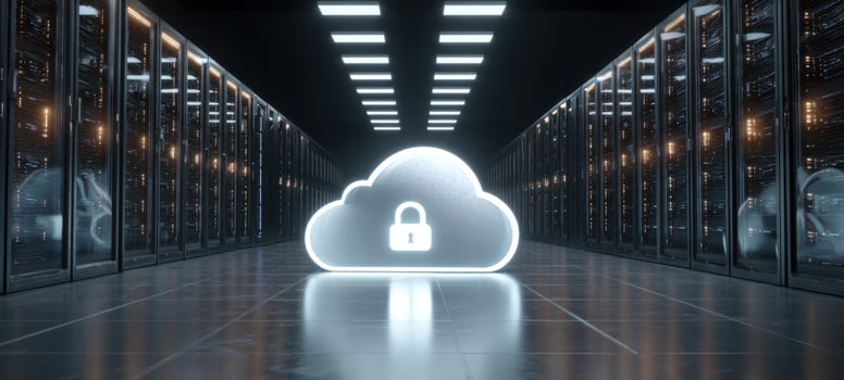 The Cloud Lock Icon Illuminated in a Modern Secure Data Center Aisle photo