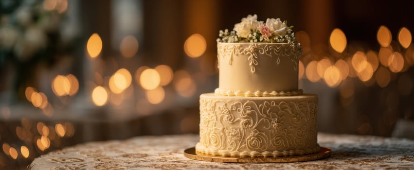 The Wedding Cake Decorated with Intricate Icing, Fresh Flowers and Warm Bokeh Lights photo