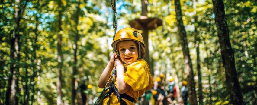 The child on a forest zipline wearing a yellow helmet and safety harness photo