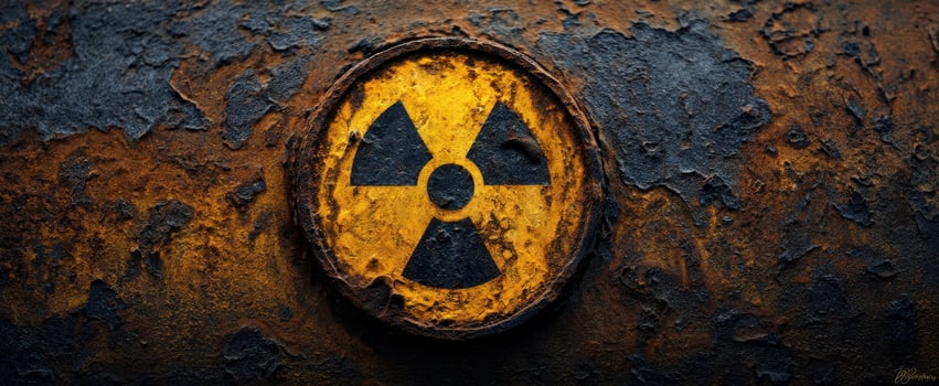 The Radioactive Warning Symbol on a Rusted Corroded Industrial Metal Surface Close-Up photo