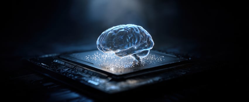 The Brain Hologram Floating Above a Glowing Microchip in Futuristic Tech Environment photo